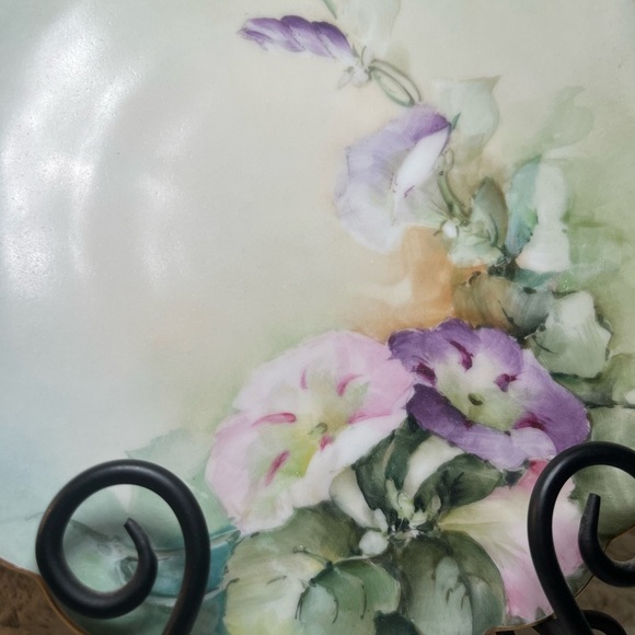 Limoges Hand Painted Pink  Purple Morning Glories & Gold Cake Plate - Picture 2 of 11